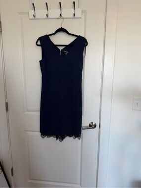 Karl Lagerfeld Navy Sheath Dress with Black Lace Trim